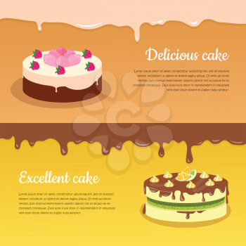 Delicious and excellent cake banners. Fruit cakes covered glaze, chocolate and cream flat vector illustration. Delicious baked sweets. For bakery, confectionery, culinary recipes web pages design