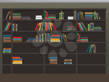Bookcase with books as background. Education-themed background cartoon library room. University or School library vector illustration. Colourful textbooks on shelves, Big knowledge storage.