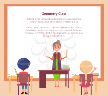 Geometry class web banner with place for text and teacher standing with pointer near blackboard and children sitting at desks vector illustration