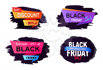 Big sale 2017 Black Friday, collection of labels with pink and orange rectangles and text, put inside of them on vector illustration