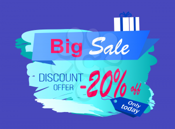 Big sale discount offer -20 off on icy sign decorated with gift box in wrapping paper. Vector illustration with special proposition on blue background