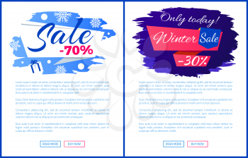 Only today winter sale - 30 off promo poster on blue brush strokes vector illustration final banner with snowflakes. Advertisement xmas label design