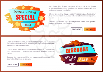 Special offer best price discounts autumn big sale 2017 fall collection web banners with buttons read more and buy now vector set of posters on purple