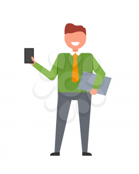 Happy businessman wearing dress pants, green sweater and orange tie holding black smartphone and grey folder isolated vector illustration on white