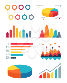 Set different colorful bar graphs and pie charts for representing statistics. Vector illustration with variety of graphs on white background