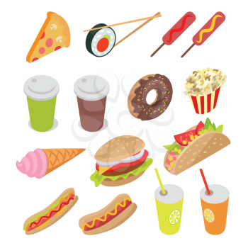 Collection of meal, food and drinks. Vector illustration include pizza, sushi, sausages, tea, coffee, donut, ice-cream, popcorn, cheeseburger, hot dogs juice Demonstration unhealthy food Flat style