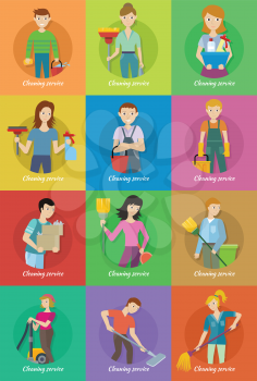 Cleaning service. Collection of male and female member of the cleaning service staff with cleaning equipment. Workers of cleaning company. Housekeeping banner. Office and hotel cleaning. Vector