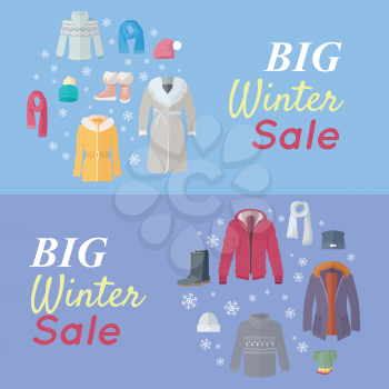 Big winter sale. Winter outerwear sale web banner poster. Winter old collection sale. Discount on stylish fashionable designers clothes. Best world brands trends at low price. Christmas sale. Vector