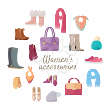 Women s accessories isolated on white. Vector set with hand drawn colored object on theme of fashion. Fashionable clothes for woman. Sketches for use in design. Bags, shoes, hats and scarves. Vector