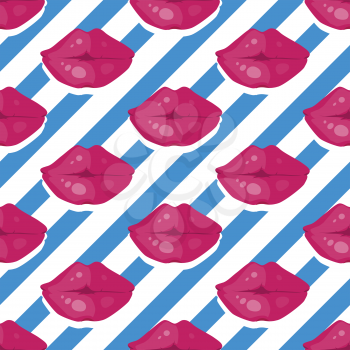 Womens lips seamless pattern. Sensitive mouth with bright lipstick flat vector illustration on black and white stripes background. For wrapping paper, greeting cards, invitations, print design