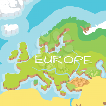 Europe mainland cartoon relief map with mountains, climate zones, rivers, seas and island flat vector illustration. Topographic or physical atlas. Geographic concept for children book illustrating