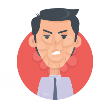 Angry man avatar web button. Wicked male emotion avatar. Unkind emotion face, feelings, emotional intelligence expression. Evil businessman character in flat style. Angry person. Vector illustration