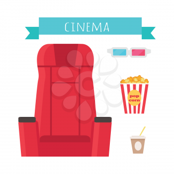 Cinema objects set isolated on white. Comfortable chair, 3d glasses, popcorn, drink cola, soda. Movie tools in flat design. Armchair cinema icon. Movie entertainment auditorium show signs. Vector