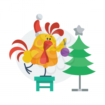 Rooster bird decorates christmas tree. Cock in Santa s hat with ball on the chair. Chinese calendar zodiac cock horoscope. Chicken character collection in flat. New year and xmas greeting card. Vector