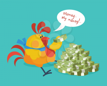 Rooster bird counts money. Money, my money. Cock successful businessman. Chinese calendar zodiac cock horoscope. Chicken character collection in flat. New year xmas greeting card. Vector illustration