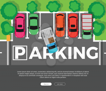 Parking conceptual web banner. Car leaves the parking place. Parking lot or car park. City parking structure. Parkade. Shortage parking spaces. Large number of cars in crowded parking. Urban infrastructure. Vector