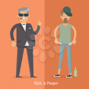 Rich and pauper men. Vector illustration of differences between social levels of population. Successful and unfortunate, luxury and poverty, businessman and pleb. Can be used as social poster, banner.