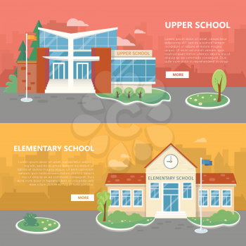 Upper and elementary school web banners. Modern and classic school buildings with trees flowerbed, flag on yard flat vector illustrations, color city silhouettes on background. For landing page design