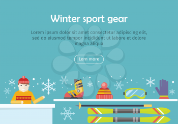 Winter sport gear vector web banner. Flat design. Man in warm clothes seating at the table and offers equipment for skiing. For mountain resort, sportswear rental, selling company landing page design