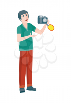 Discounts in electronics store concept. Smiling man standing with camera bought on big sale flat vector illustration on white background. Shopping on home appliances sellout. For shop promotions ad