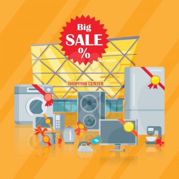 Big sale in electronics store concept. Group of different home technics with labels and price tags near shopping center flat vector illustration isolated on white. For holiday discount promotion 