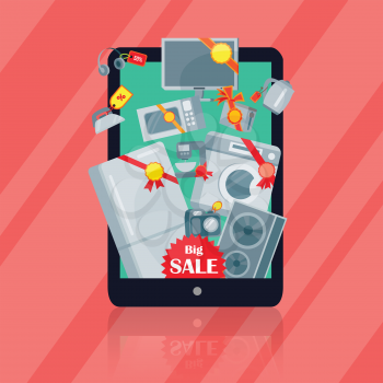Big sale in electronics store concept. Group of different home technics with labels and price tags on tablet screen flat vector illustration on red. Online shopping. For holiday discount promotion 