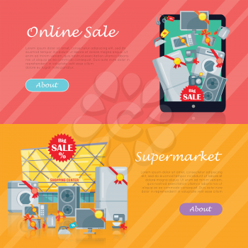 Sale in electronics store web banners set. Collection of home appliances with discounts stickers near store building and on tablet screen. Supermarket and online sale horizontal concepts for shop ad