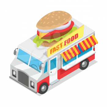 Fast food trolley isometric projection style design icon. Street fast food concept. Food truck with umbrella. Isolated on white background. Hamburger or cheeseburger mobile shop. Vector illustration