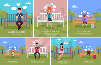 Collection of internet, game, social media, smartphone addictions concepts. Vector in flat design. People characters seating on bench in city park with mobile devices in hands. Online communication.  