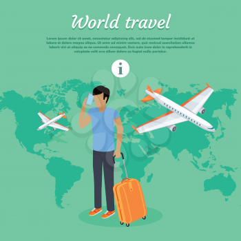 World travel concept web banner. Man with baggage speaks on telephone. World map with flying planes on background. Air travel. Transportation touristic aircraft. Journey on airplane. Vector
