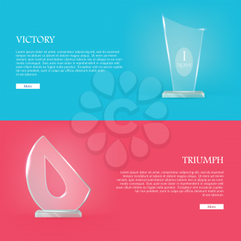 Victory. Triumph. Set of glass awards trophy rewards web banner. Premium reward. Victory. Triumph. Vector illustration in flat style. Success, victory, reward conceptual banners, web, app ico