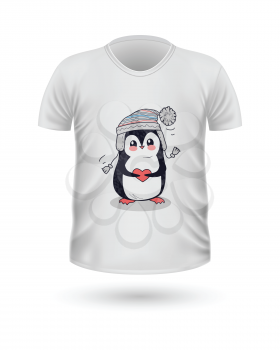T-shirt front view with little penguin isolated. White t-shirt. Realistic t-shirt vector in flat. Valentines day concept. Casual women wear. Cotton t-shirt unisex polo outfit. Fashionable apparel.