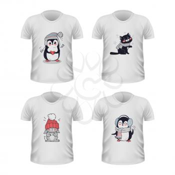 T-shirt front view with animals isolated on white. Realistic t-shirt vector in flat. Cartoon character penguin, cat, rabbit in winter cloth. Casual wear. Cotton unisex polo outfit. Fashionable apparel