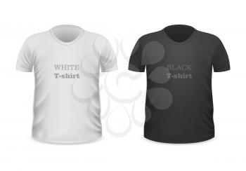 Front view white t-shirt and black t-shirt isolated on white. Realistic t-shirt vector in flat style. Popular colors t-shirt collection. Casual wear. Cotton unisex polo outfit. Fashionable apparel