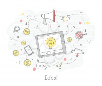 Idea generation banner in flat. Tablet computer with social media elements. Problem solving, strategy solution, analysis innovation, research, brainstorm, good solution, inspiration illustration.