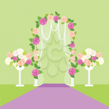 Wedding arc door with flowers. Romantic gentle element for your wedding design. Wedding decor fashion interior. Interior decoration with roses. Save the date archway. Memorable great day. Vector