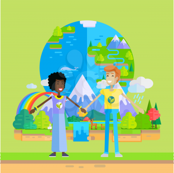 Smiling man and woman holding hands on planet Earth and nature background. Ecologist, environmentalist, nature protection activist or volunteer illustration. Flat design. International earth day.