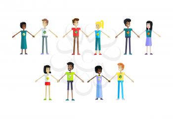 Smiling peoples with branch and leaves emblem on clothes, standing and holding hands. Ecologist, environmentalist, nature protection activist or volunteer illustration. Flat design. Earth day.