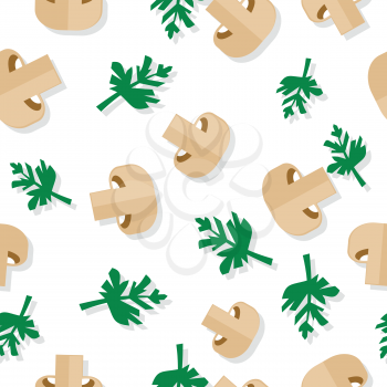 Seamless pattern with agaric field mushrooms and parsley in flat style. Wallpaper design with vegetarian food ingredients. For pizzeria, restaurant ad, logo design, delivery service. Vector