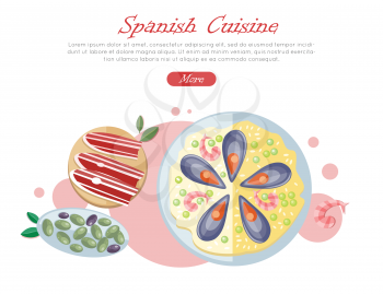 Spanish cuisine banner. Paella traditional Spanish meal with rice and seafood. Jamon dry-cured ham. Tapas variety of appetizers, snacks, in Spanish cuisine. Spain food concept in flat design. Vector