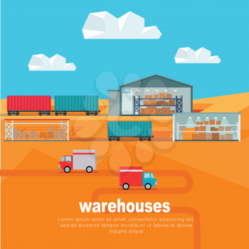 Warehouses in the dessert. Warehouse worldwide design flat. Logistics container shipping and distribution. Transportation in the desert. Loading and unloading boxes. Vector illustration
