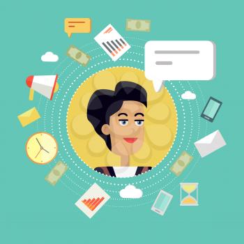 Creative office background. Businesswoman icon with bubble. Avatars of woman with devices for communication. Smiling young female personage in flat on green background. Vector illustration.