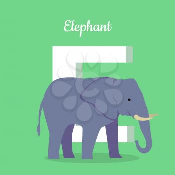 Animals alphabet. Letter - E. Blue elephant stands near letter. Alphabet learning chart with animal illustration for letter and animal name. Vector zoo alphabet with cartoon animal on green background