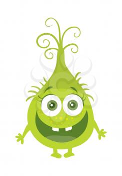 Funny smiling germ. Green cartoon character with big eyes. Happy monster with tooth. Bacteria with hands and open mouth. Vector funny illustration in flat style design. Friendly virus. Microbe face
