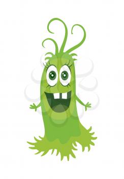 Cartoon green monster. Funny smiling germ. Character with big eyes. Microorganism bacteria with tooth, hands, open mouth. Vector funny illustration in flat design. Friendly virus. Microbe face