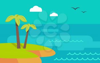 Topic island banner. Hot summer weekend. Summer vacation in exotic countries concept. Leisure on seacoast illustration for ad, web design. Tiny deserted green island in ocean with palm trees. Vector