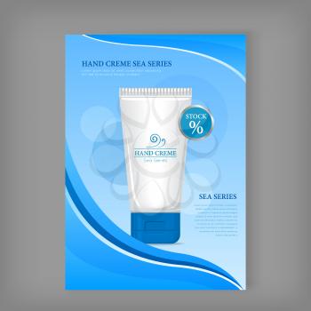 Hand cream sea series. Plastic tube for cosmetics on blue background. Product for body and skin care, beauty, health, freshness, youth, hygiene. Realistic vector illustration.