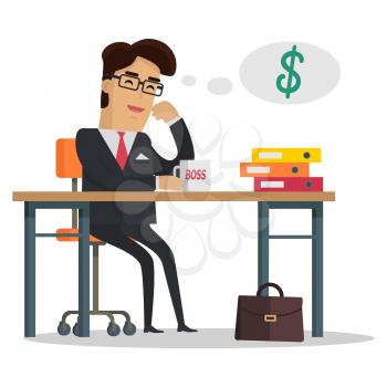 Happy young businessman in black business suit and tie relaxing sitting in her office and thinking about money. Good earnings profit concept. Business people. Vector illustration in flat design.