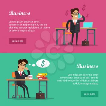 Business baners set. Young businessman in black business suit and tie sitting in her office and thinking about money. Businessman talking on phone. Good earnings profit concept. Business people.