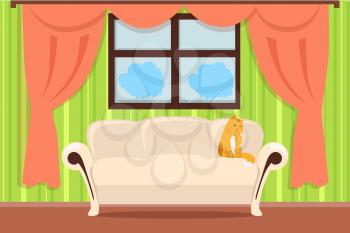 Apartment interior concept vector. Flat style. Room view with cat on sofa and curtains on window. Home cosiness, and comfort living place. illustration for real estate, interior design company ad